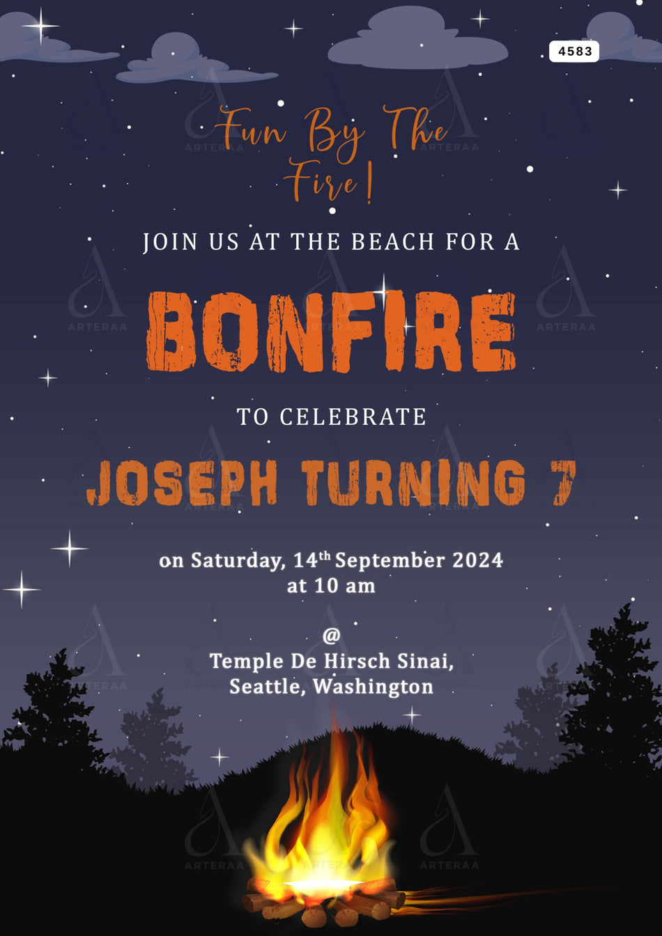 Bonfire party invitation Editable Canva Template in english language with minimalistic theme design 4583