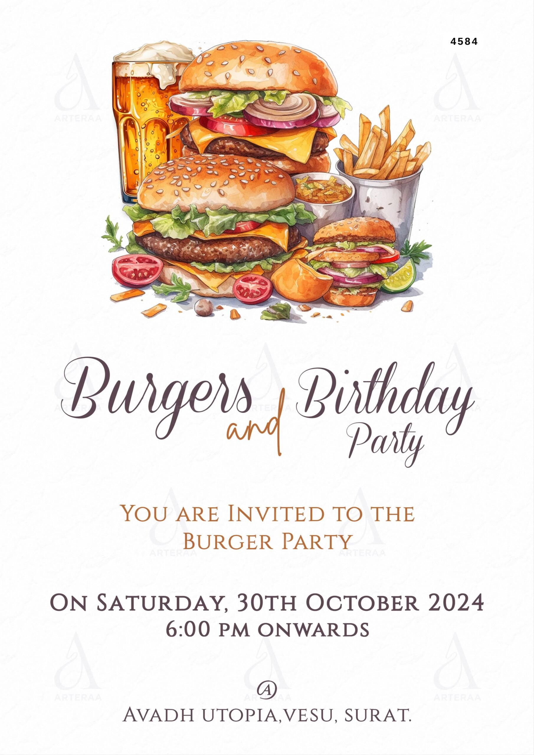 Burgers and birthday party invitation Editable Canva Template in english language with minimalistic theme design 4584