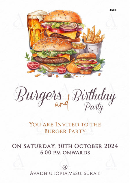 Burgers and birthday party invitation Editable Canva Template in english language with minimalistic theme design 4584