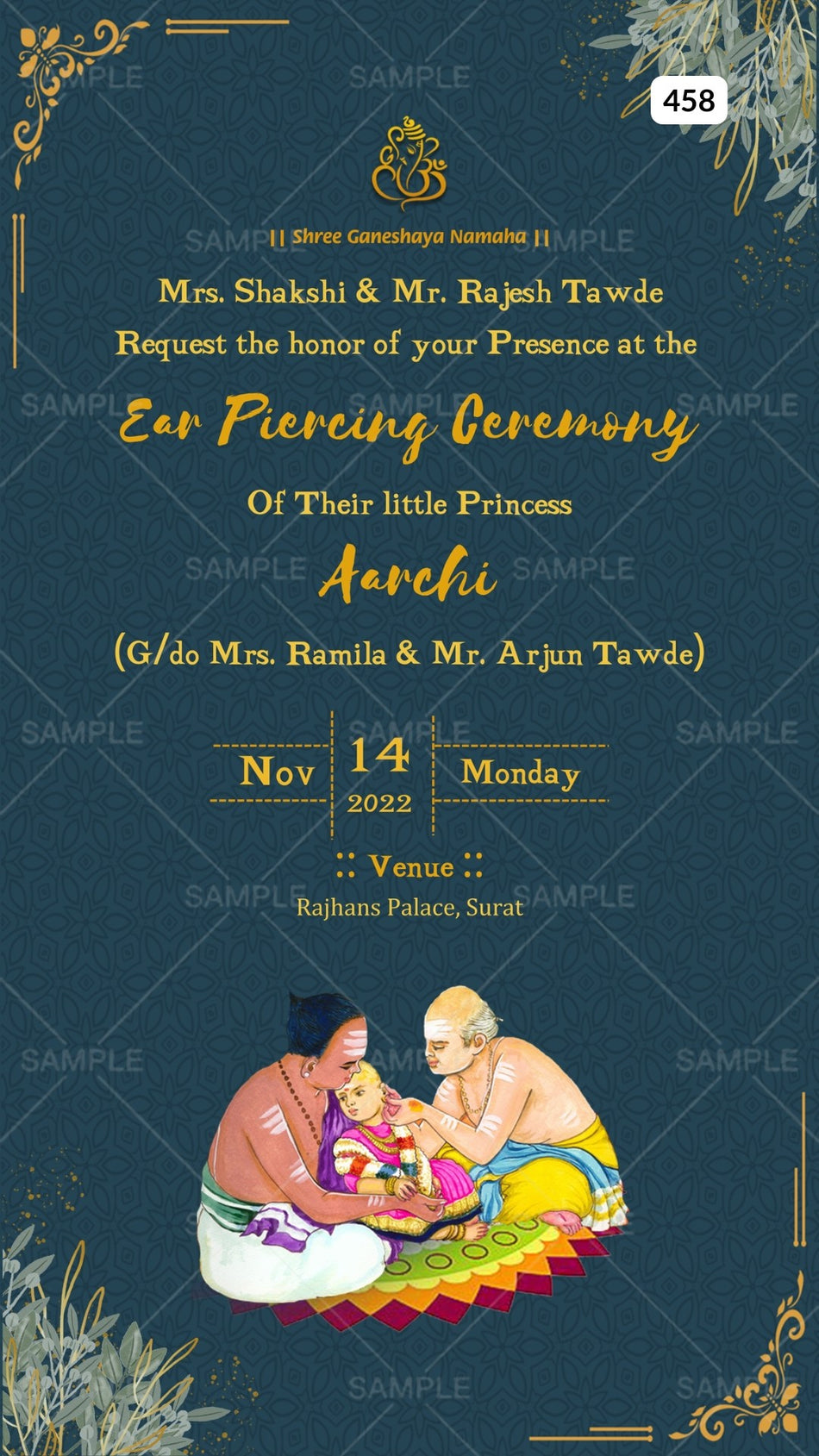 Ear Piercing ceremony invitation card Canva Editable Template in english language with leaves, ear piercing doodle as minimalistic theme design 458