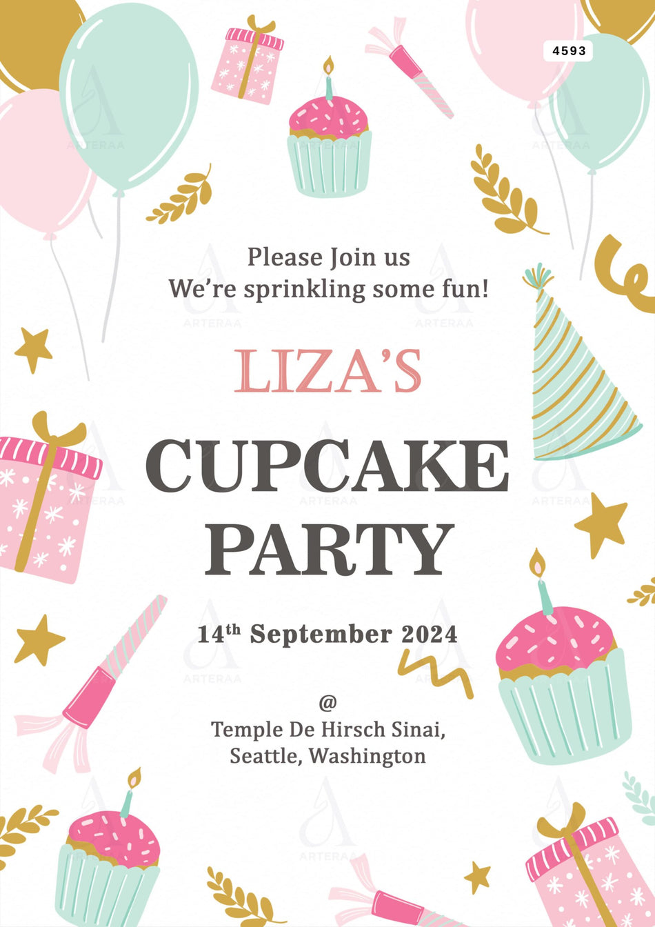 Cupcake party invitation Editable Canva Template in english language with minimalistic theme design 4593.