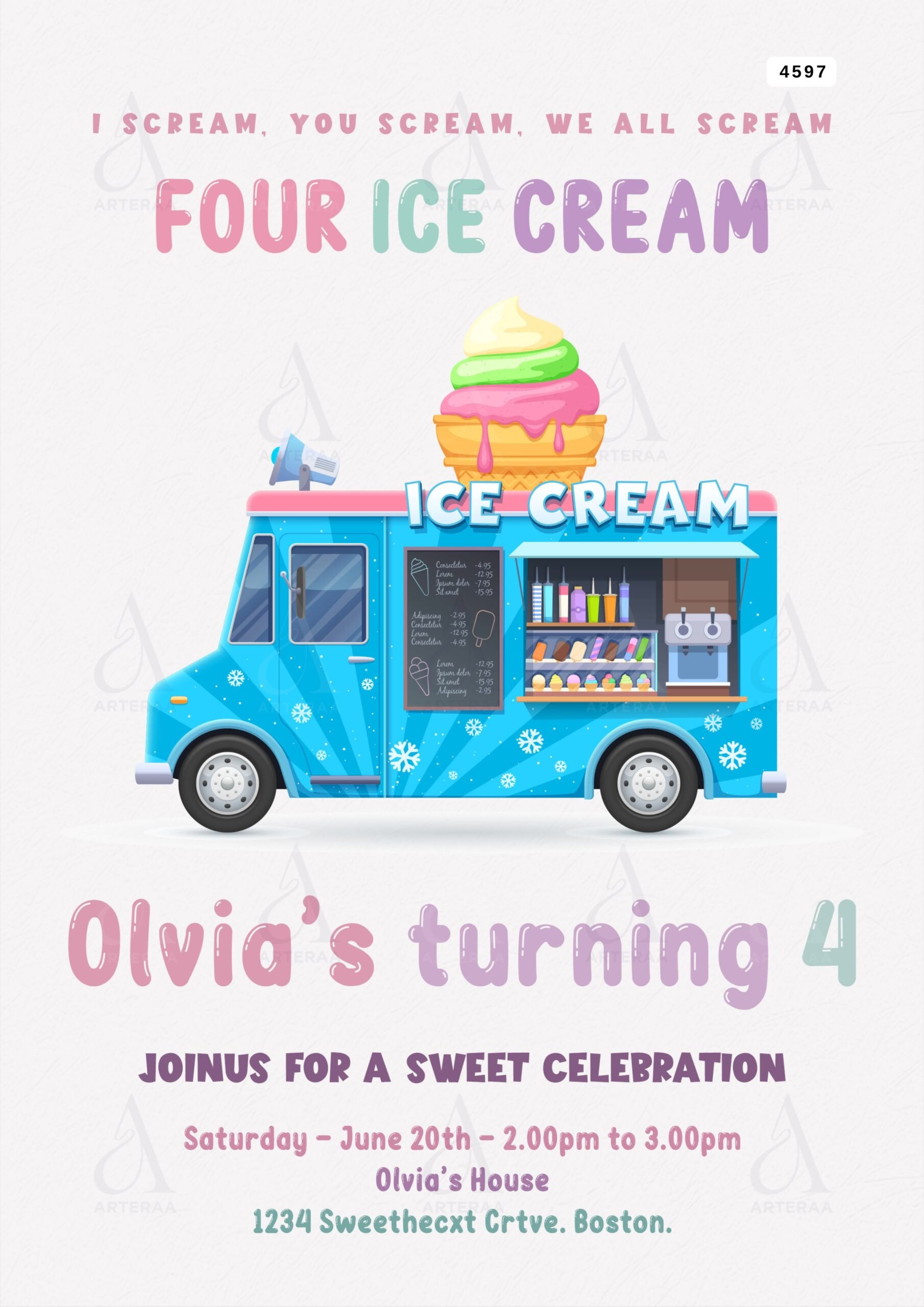 Ice cream party invitation Editable Canva Template in english language with minimalistic theme design 4597