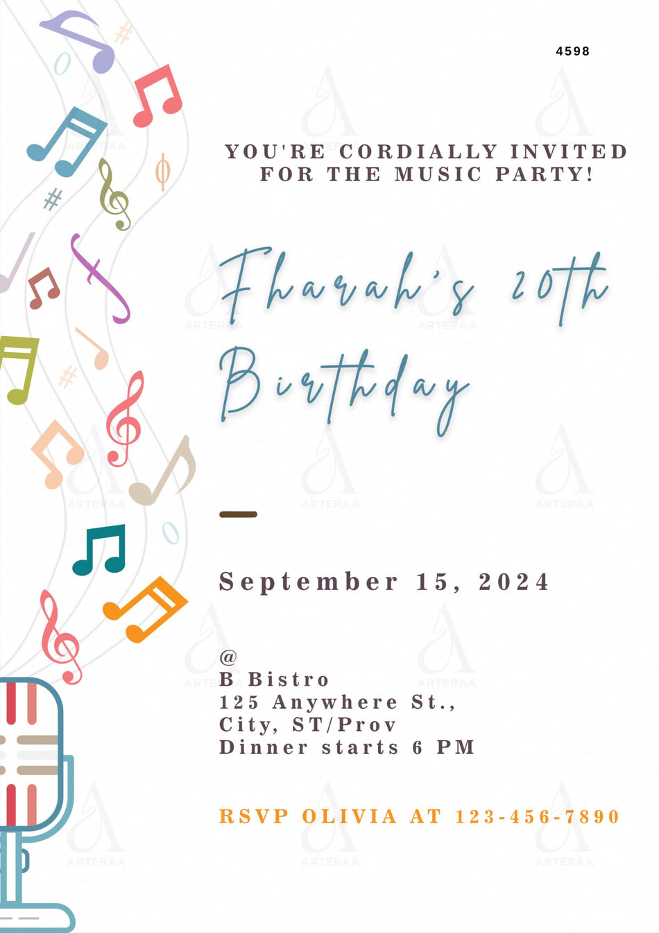 Music party invitation Editable Canva Template in english language with minimalistic theme design 4598