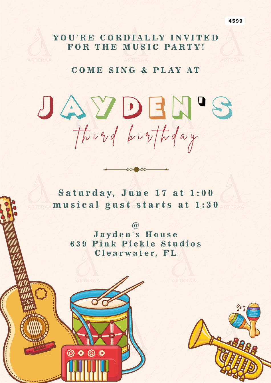Music party invitation Editable Canva Template in english language with minimalistic theme design 4599