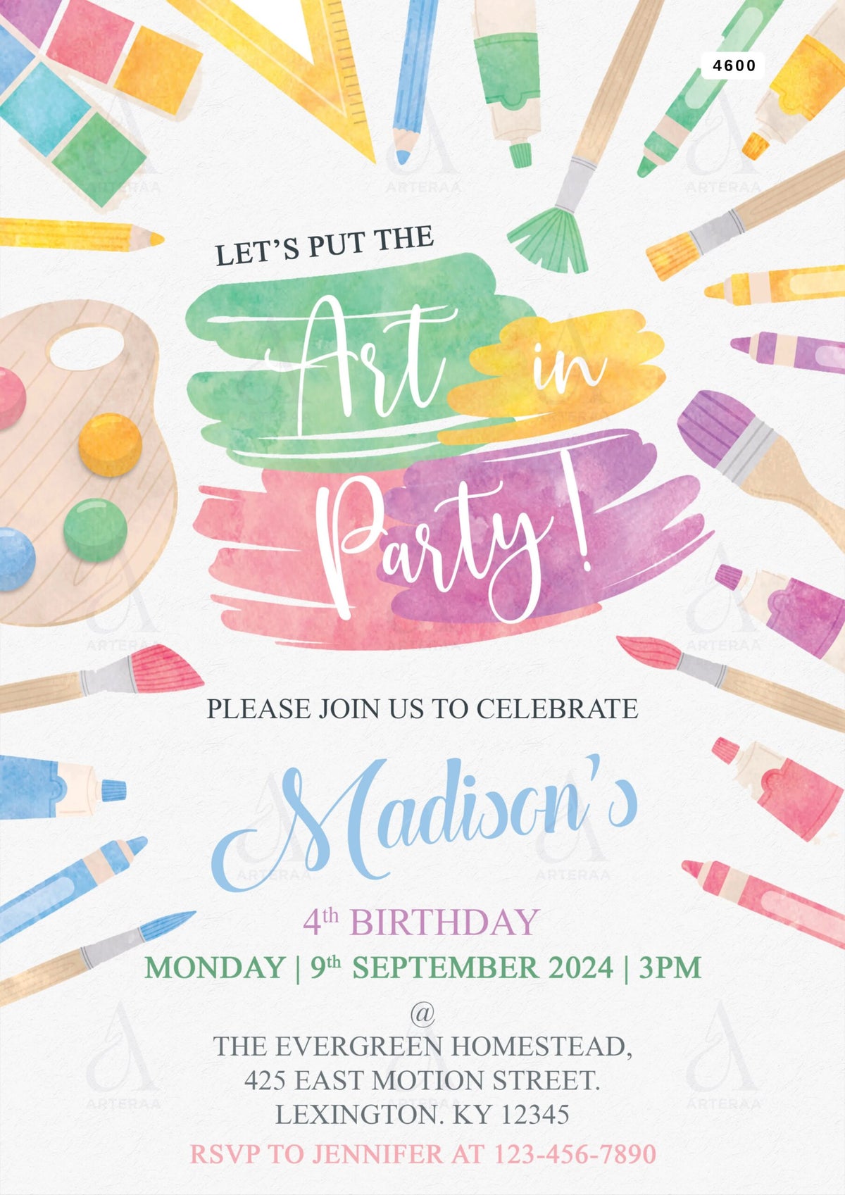Paint party invitation Editable Canva Template in english language with colorfull theme design 4600