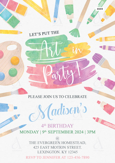 Paint party invitation Editable Canva Template in english language with colorfull theme design 4600