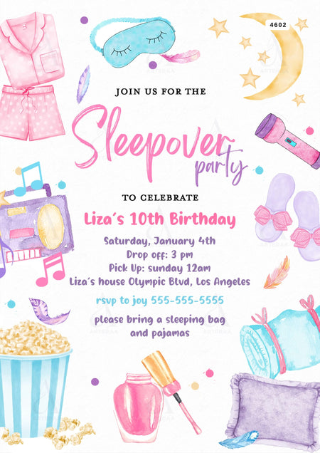 Sleepover party invitation Editable Canva Template in english language with aesthetic theme design 4602