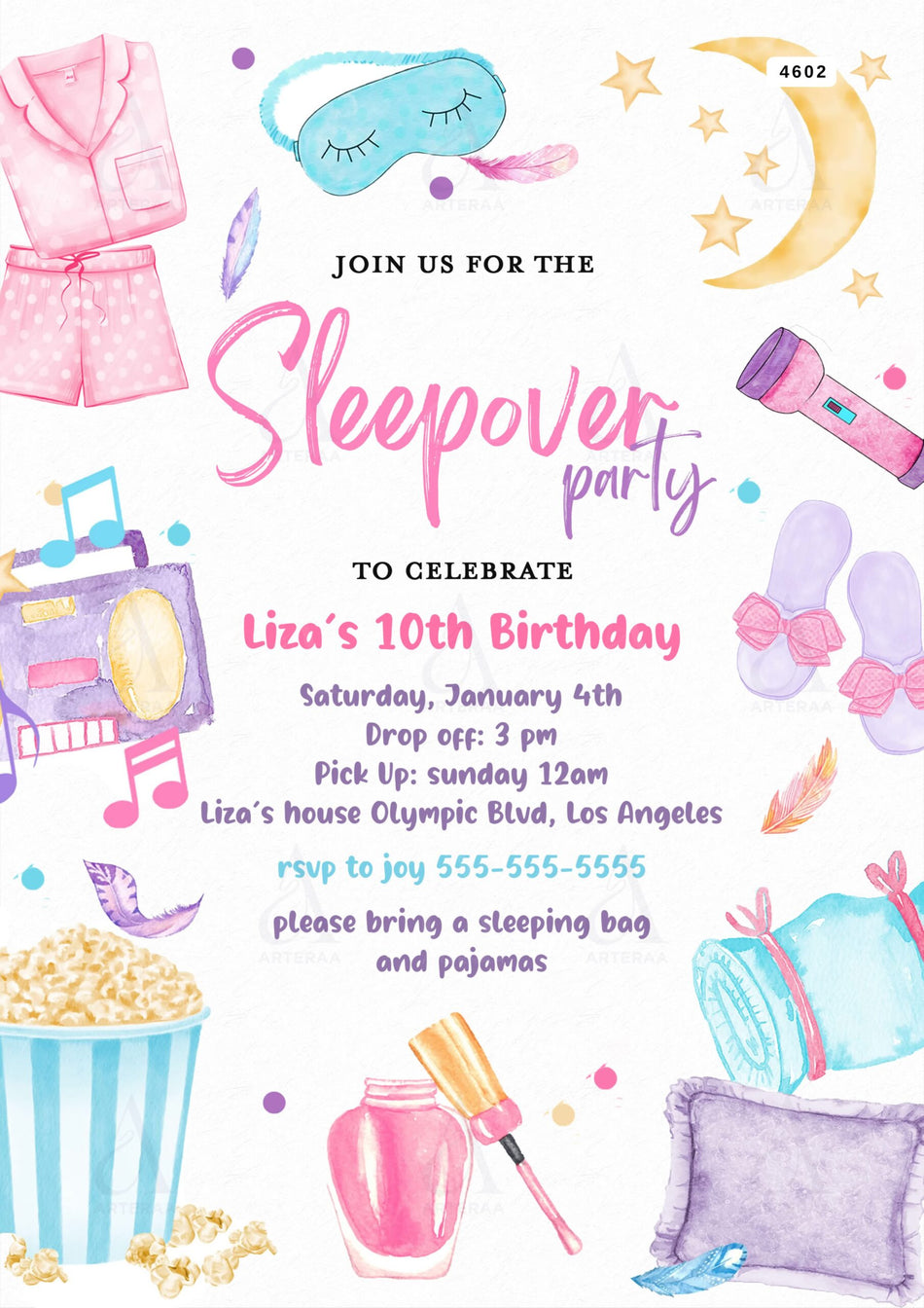 Sleepover party invitation Editable Canva Template in english language with aesthetic theme design 4602