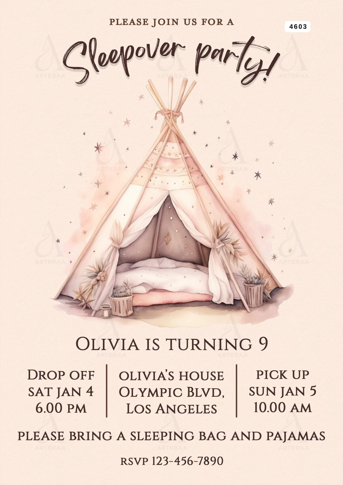Sleepover party invitation Editable Canva Template in english language with minimalistic theme design 4603