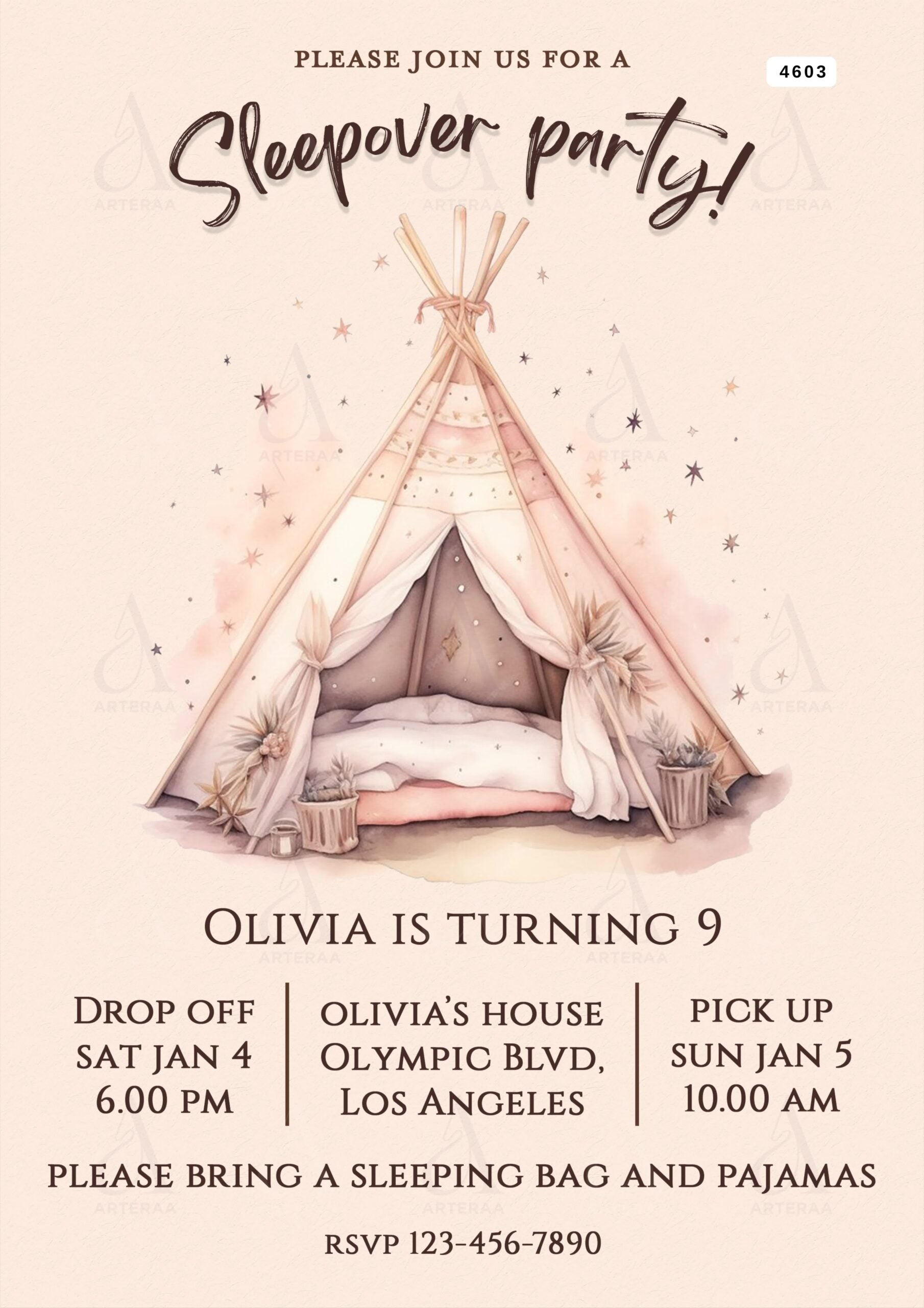 Sleepover party invitation Editable Canva Template in english language with minimalistic theme design 4603
