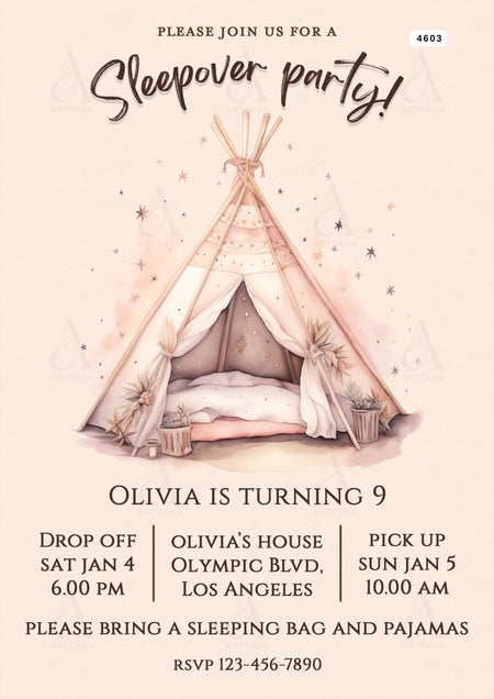 Sleepover party invitation Editable Canva Template in english language with minimalistic theme design 4603