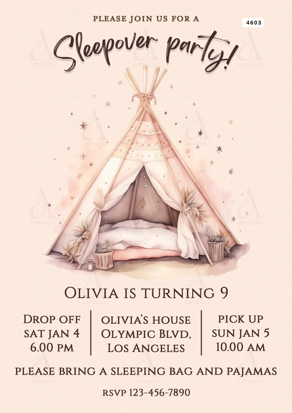 Sleepover party invitation Editable Canva Template in english language with minimalistic theme design 4603