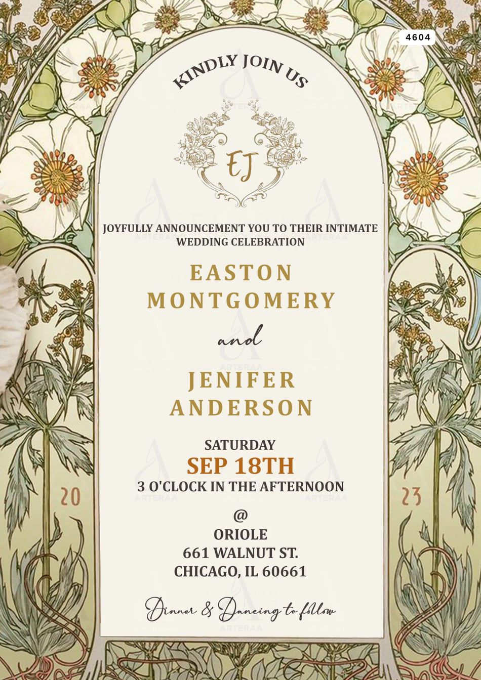 Wedding annoucement invitation Editable Canva Template in english language with floral theme design 4604