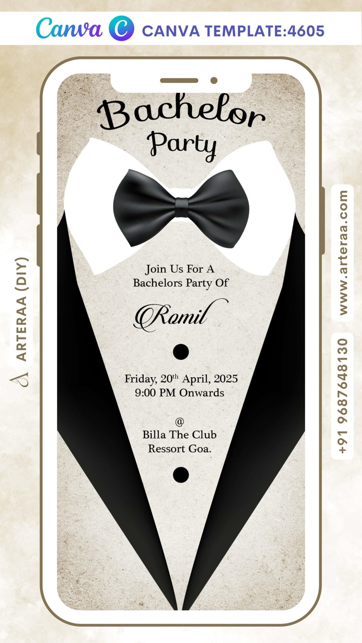Bachelor party invitation Editable Canva Template in english language with minimalistic theme design 4605
