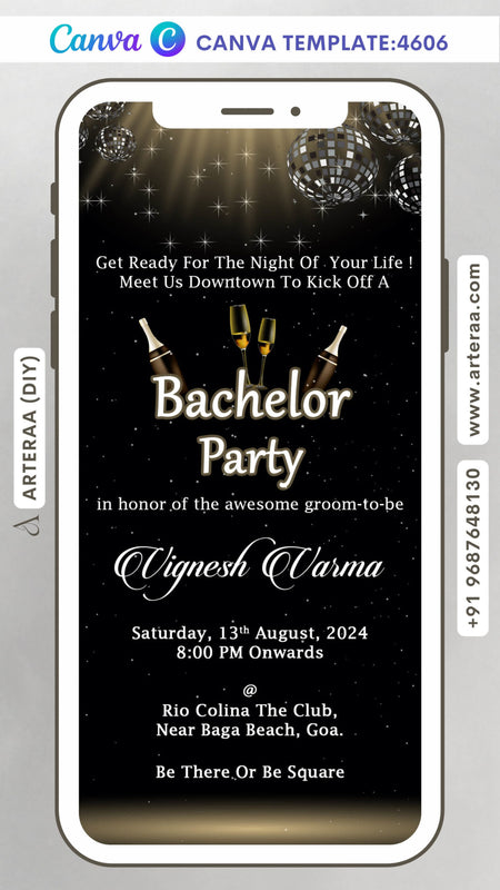 Bachelor party invitation Editable Canva Template in english language with disco theme design 4606