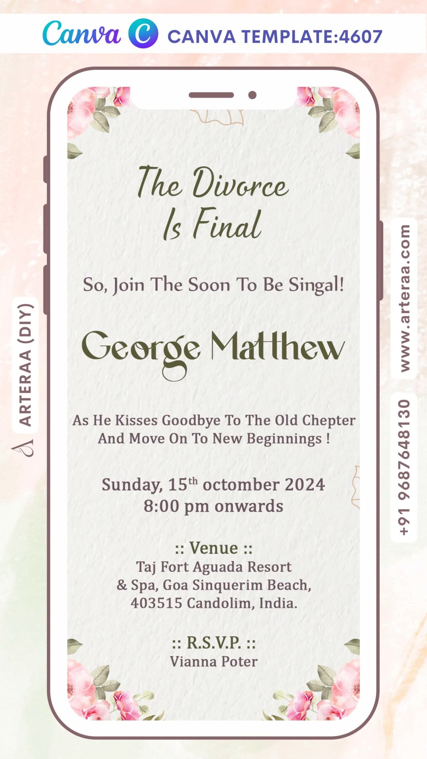 Divorce party invitation Editable Canva Template in english language with floral theme design 4607