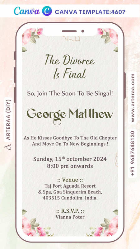 Divorce party invitation Editable Canva Template in english language with floral theme design 4607