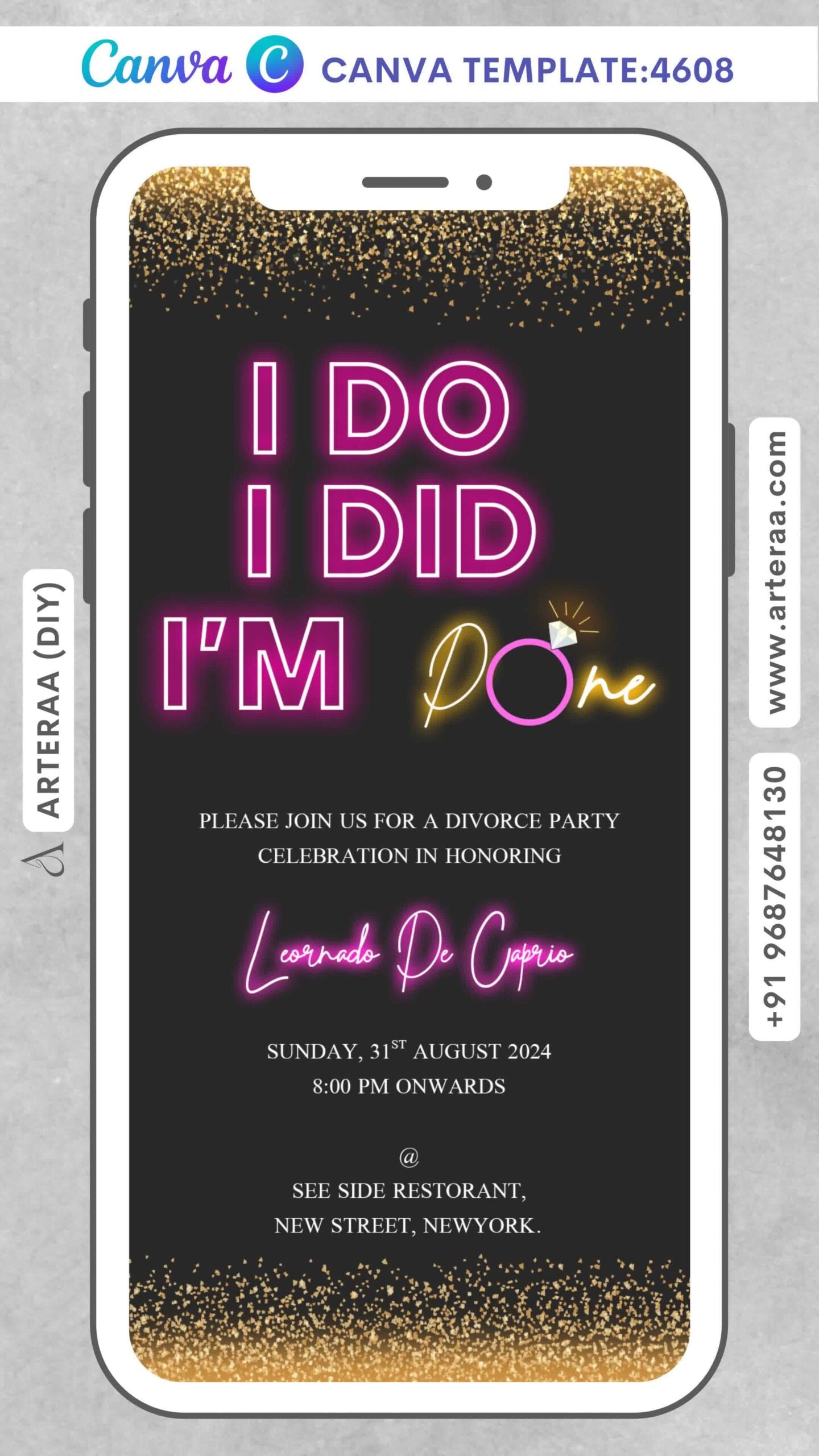 Divorce Announcement invitation Editable Canva Template in english language with glitterin theme design 4608