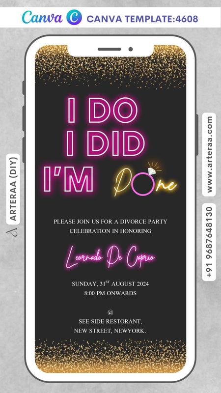 Divorce Announcement invitation Editable Canva Template in english language with glitterin theme design 4608