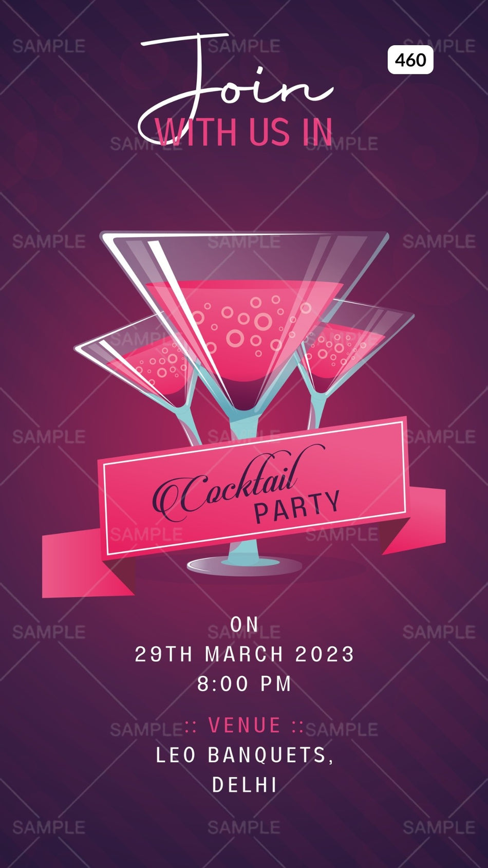 Cocktail Party invitation card in english language with cocktail glass as elegant theme Canva Editable Template design 460