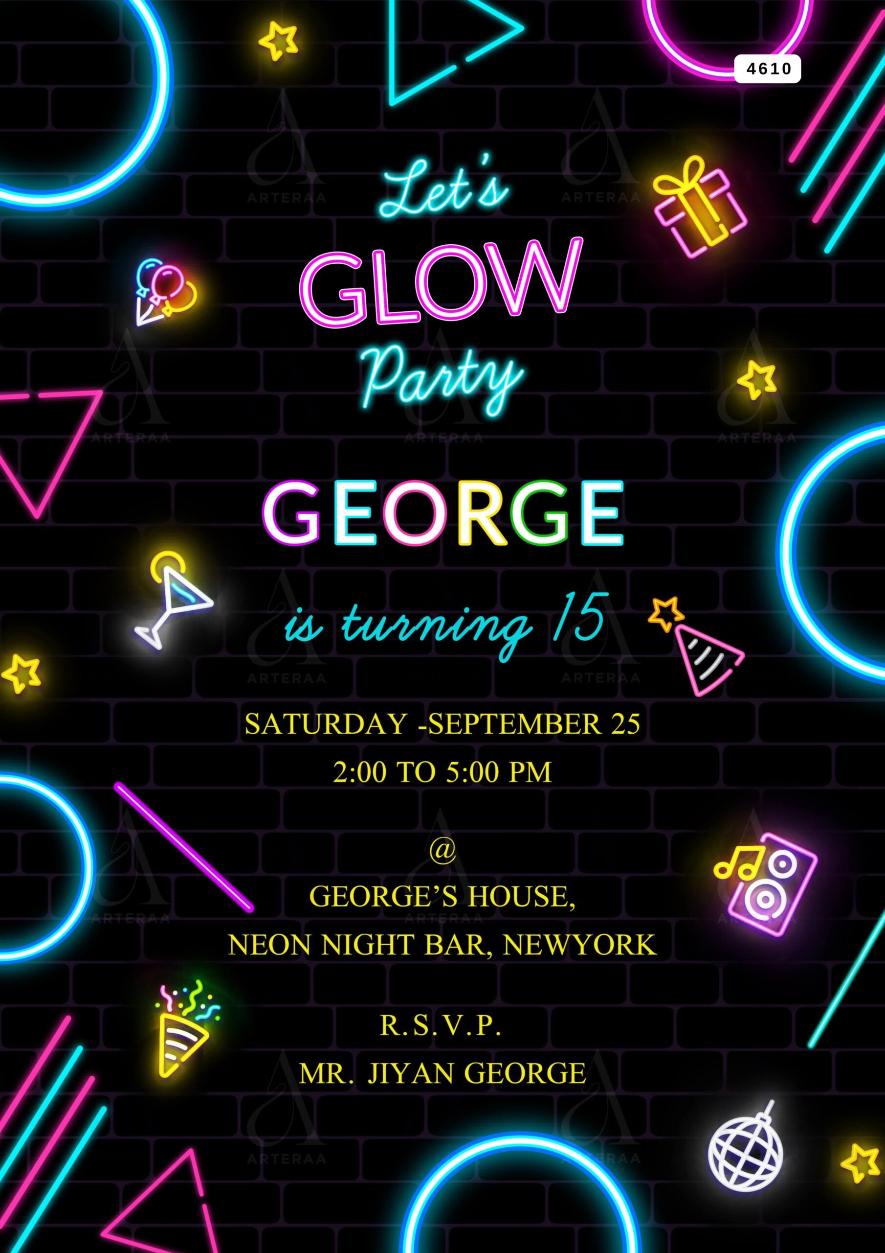 Neon party invitation Editable Canva Template in english language with colorfull theme design 4610