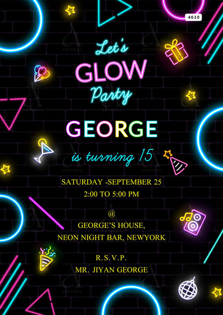 Neon party invitation Editable Canva Template in english language with colorfull theme design 4610