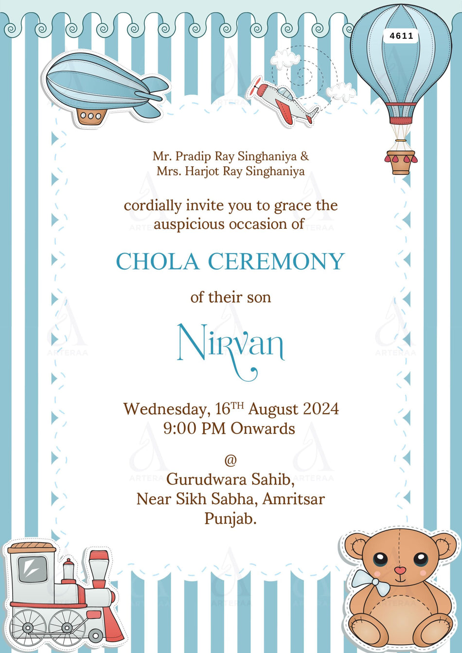 Chola ceremony invitation Editable Canva Template in english language with playful theme design 4611
