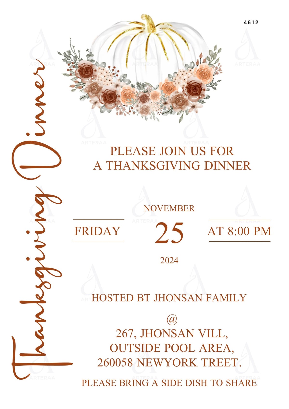 Thanksgiving dinner invitation Editable Canva Template in english language with floral theme design 4612