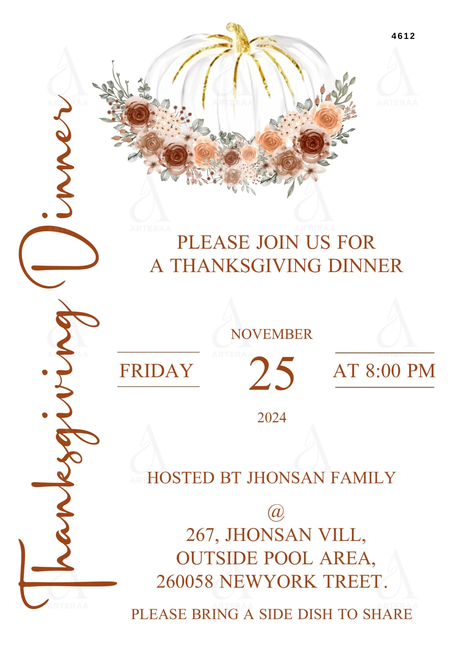 Thanksgiving dinner invitation Editable Canva Template in english language with floral theme design 4612