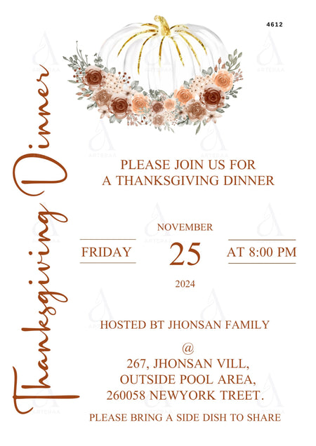 Thanksgiving dinner invitation Editable Canva Template in english language with floral theme design 4612