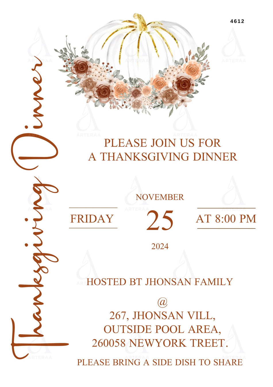 Thanksgiving dinner invitation Editable Canva Template in english language with floral theme design 4612