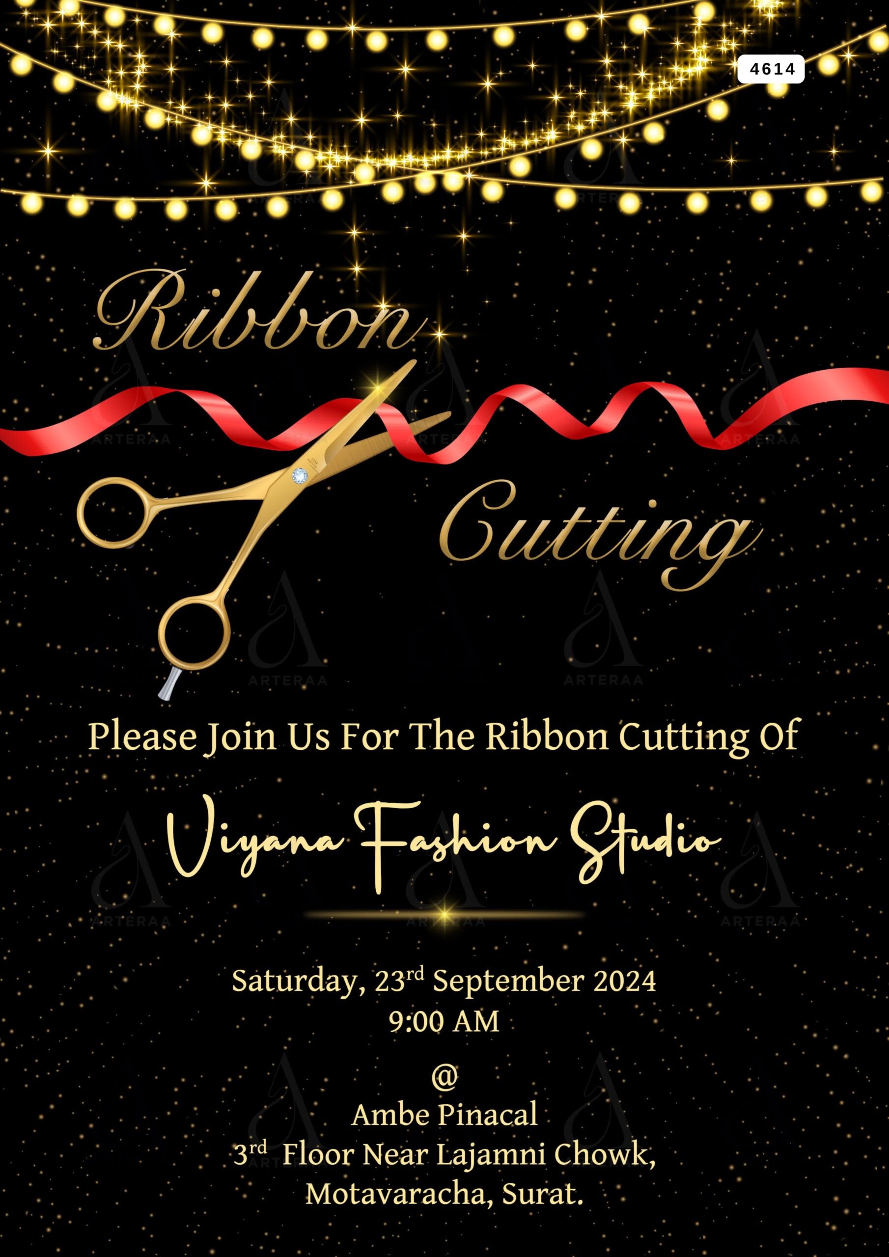 Ribbon cutting invitation Editable Canva Template in english language with glitterin theme design 4614