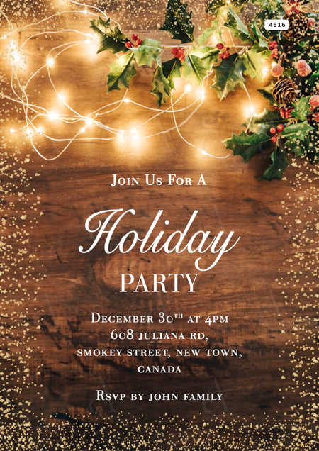 Holiday party invitation Editable Canva Template in english language with floral theme design 4616