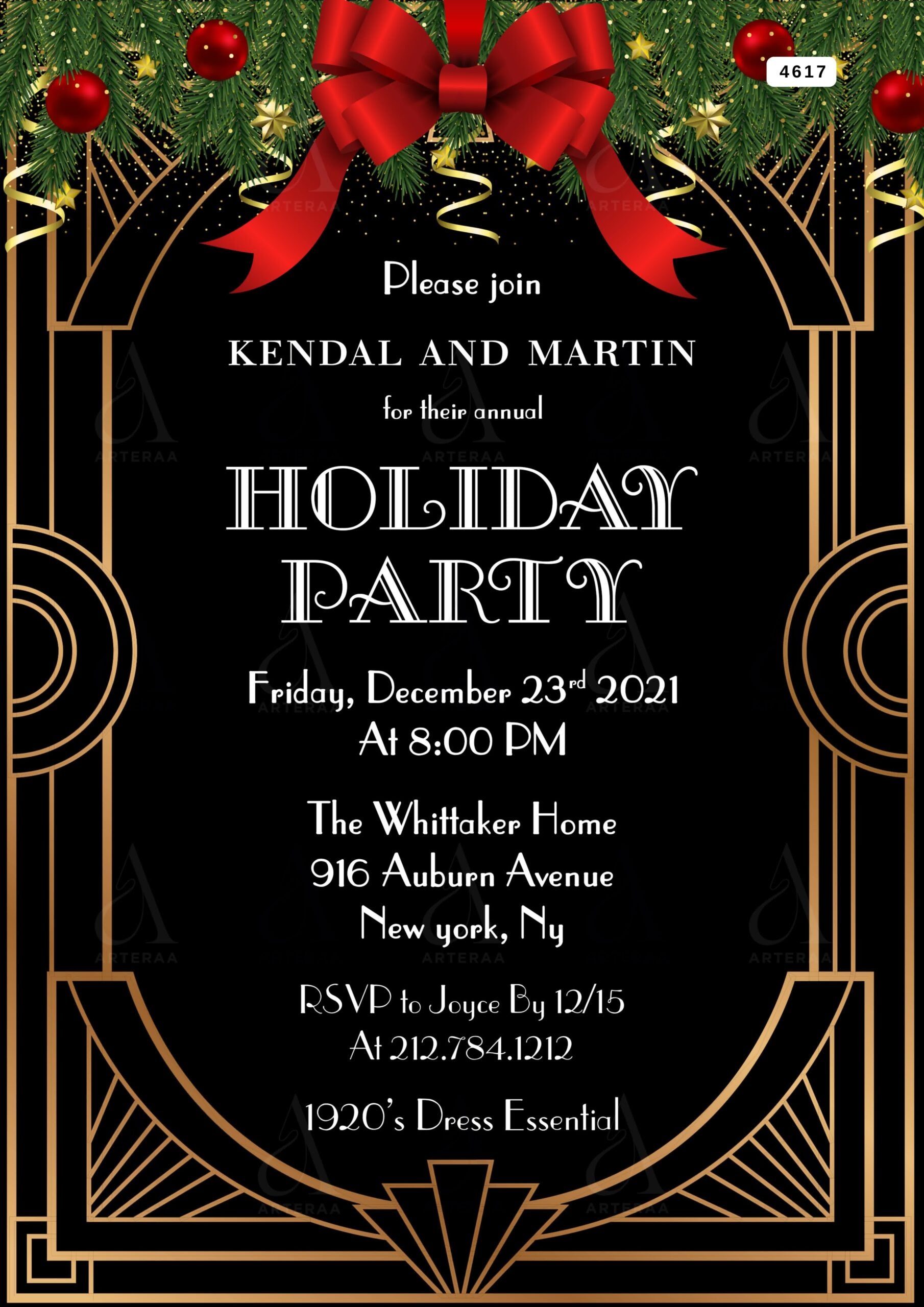 Holiday party invitation Editable Canva Template in english language with traditional theme design 4617