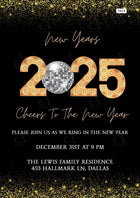 New year party invitation Editable Canva Template in english language with glitterin theme design 4619