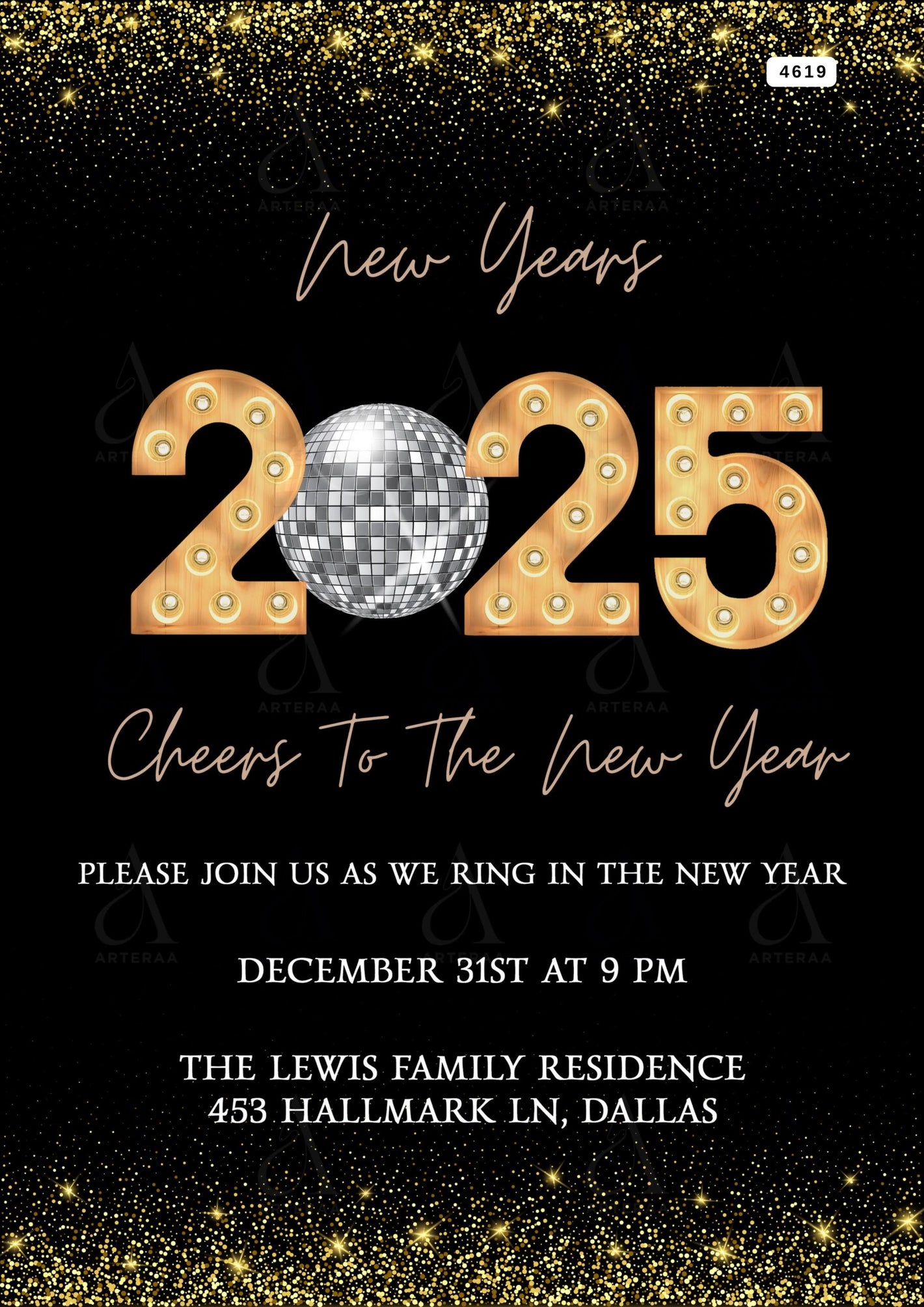 New year party invitation Editable Canva Template in english language with glitterin theme design 4619