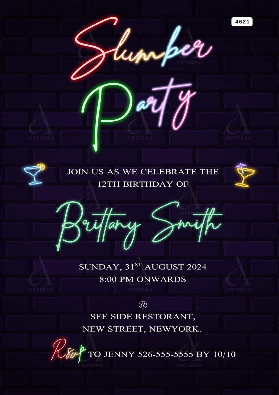 Slumber party invitation Editable Canva Template in english language with minimalistic theme design 4621