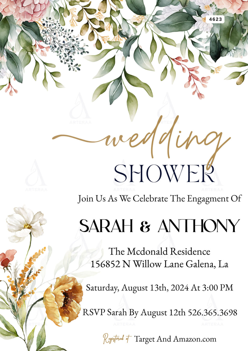 Wedding shower invitation Editable Canva Template in english language with floral theme design 4623