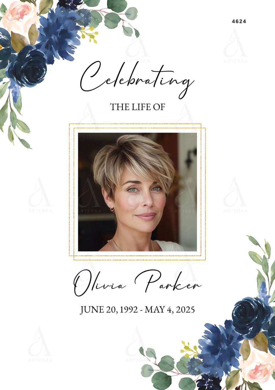Memorial card Editable CanvaTemplate in english language with floral theme design 4624