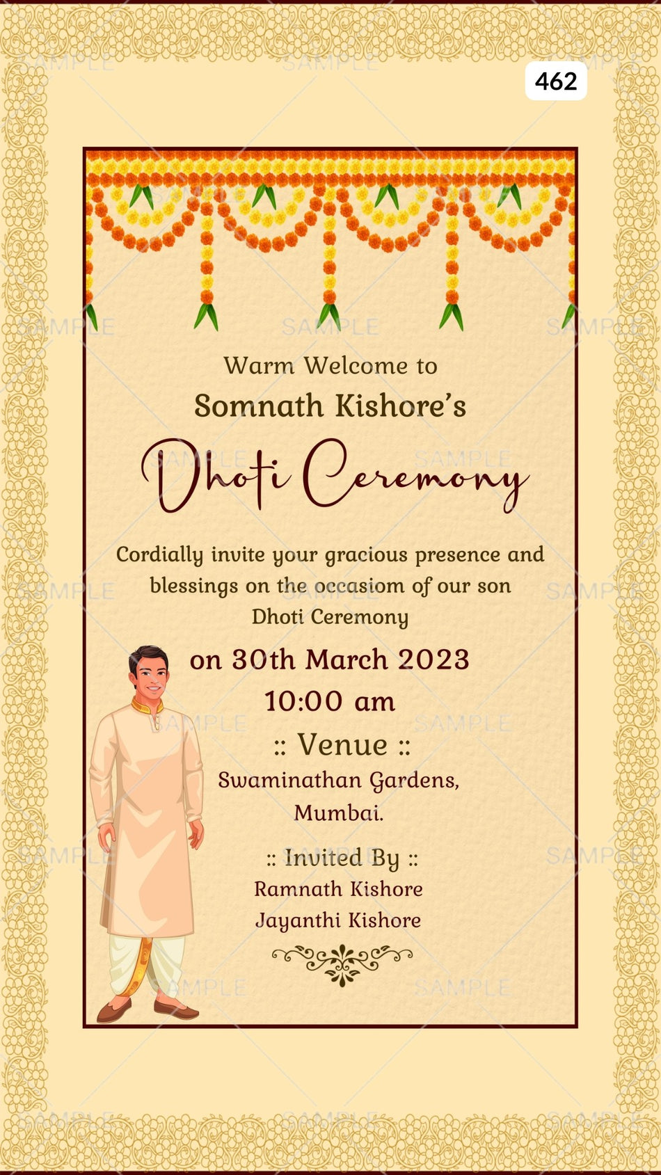 Digital Dhoti Ceremony Invitation of Marathi Family in English Language With Exquisite Theme Canva Editable Template Design No. 462
