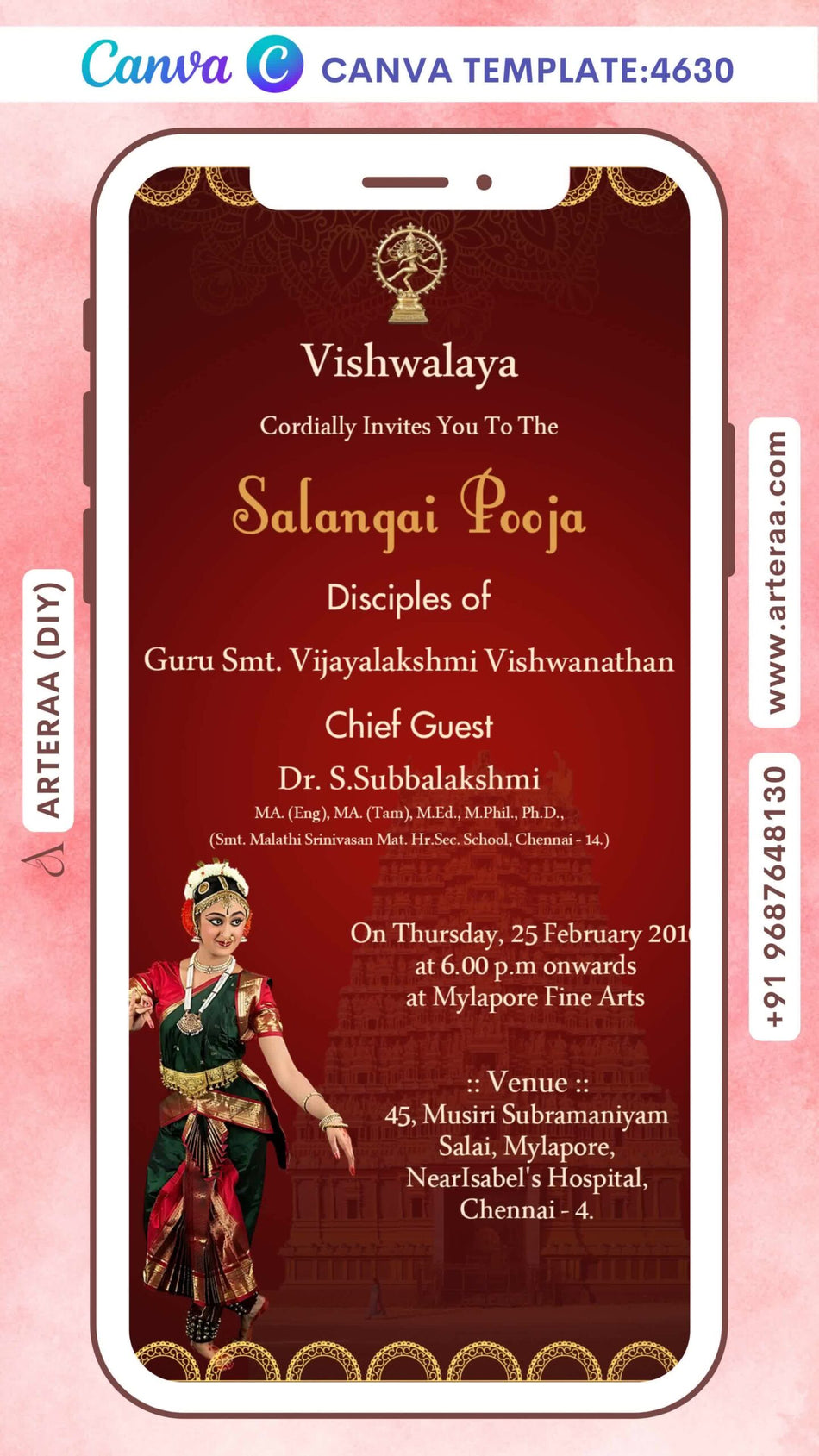 Salangai pooja invitation Editable Canva Template in english language with traditional theme design 4630