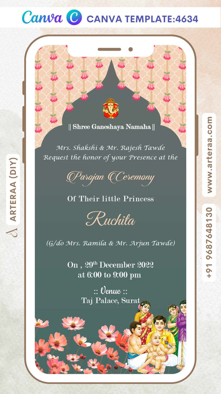 Parojan Ceremony invitation Editable Canva Template in english language with arch theme design 4634