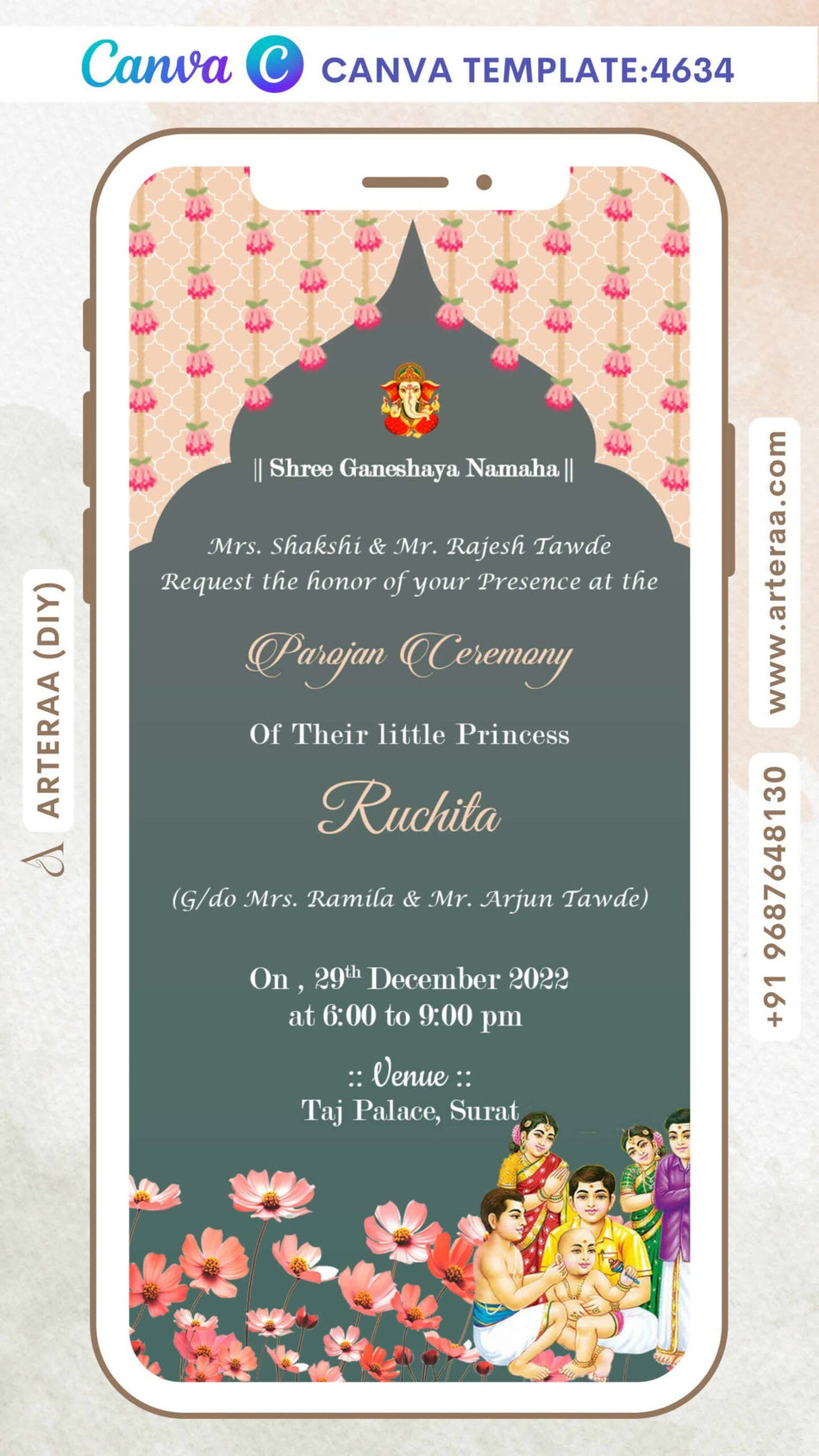 Parojan Ceremony invitation Editable Canva Template in english language with arch theme design 4634