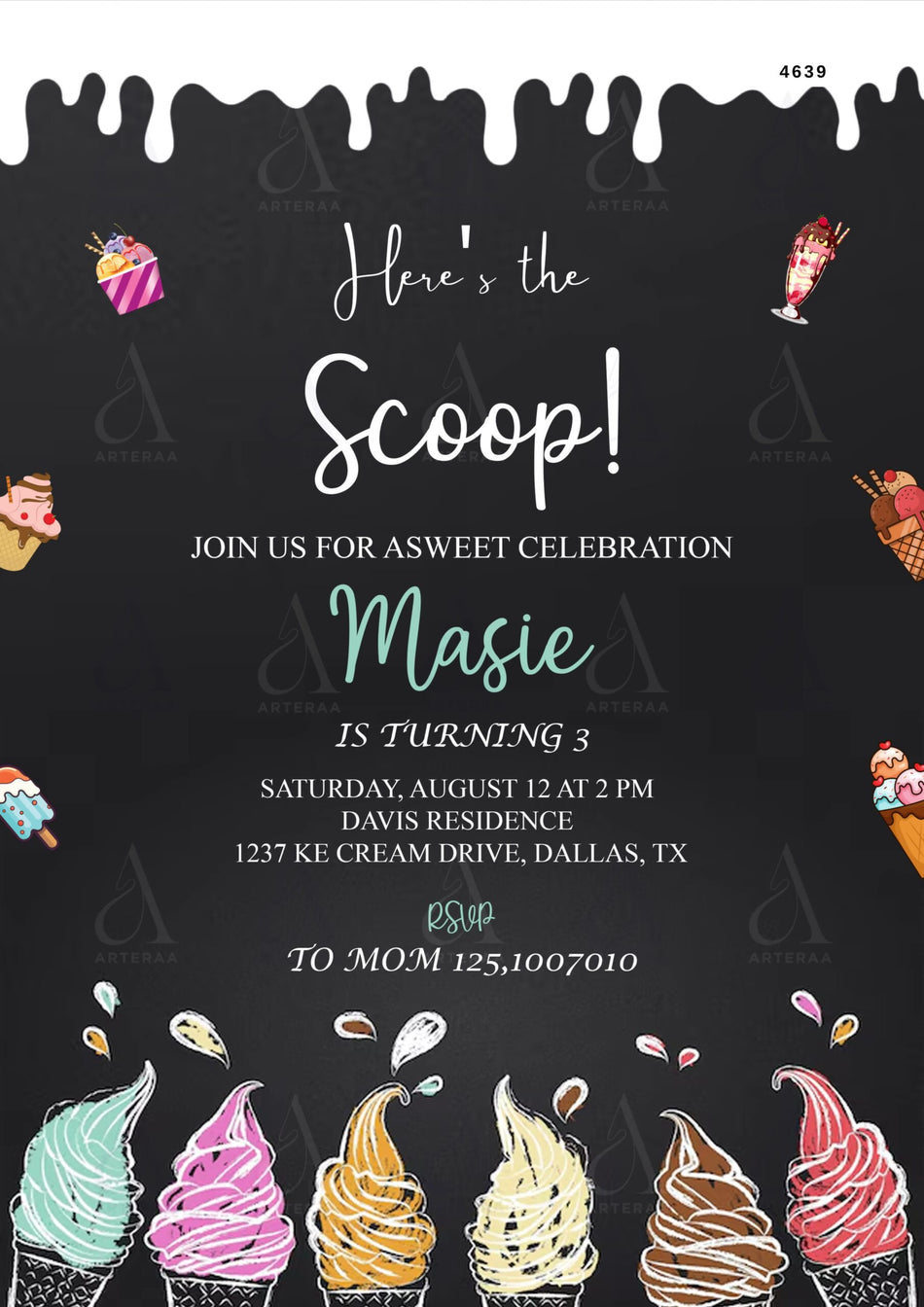 Ice cream party invitation Editable Canva Template in english language with minimalistic theme design 4639