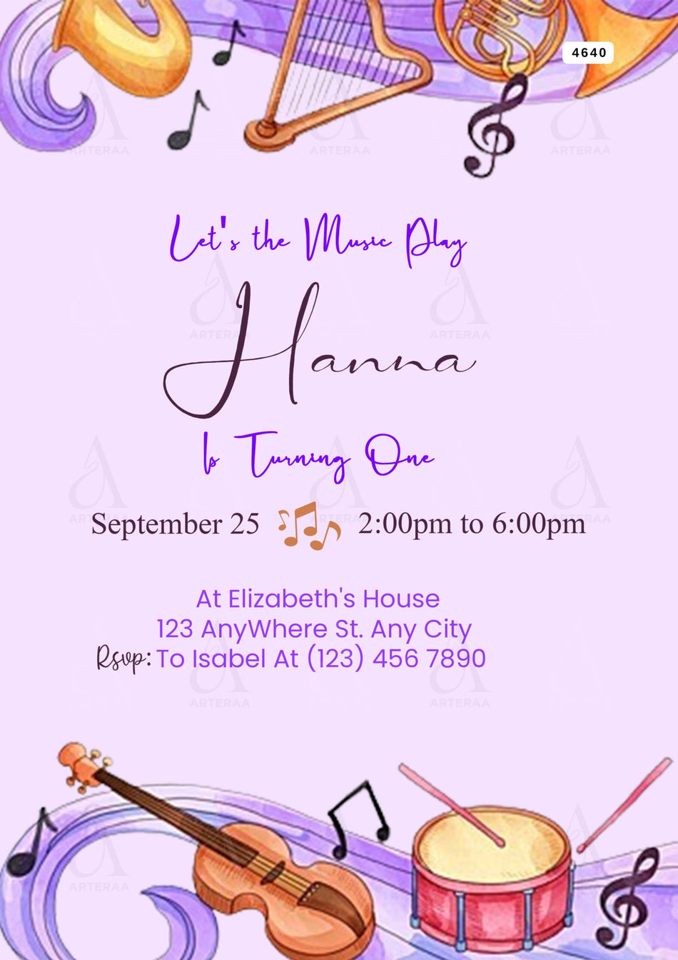 Music party invitation Editable Canva Template in english language with musical theme design 4640