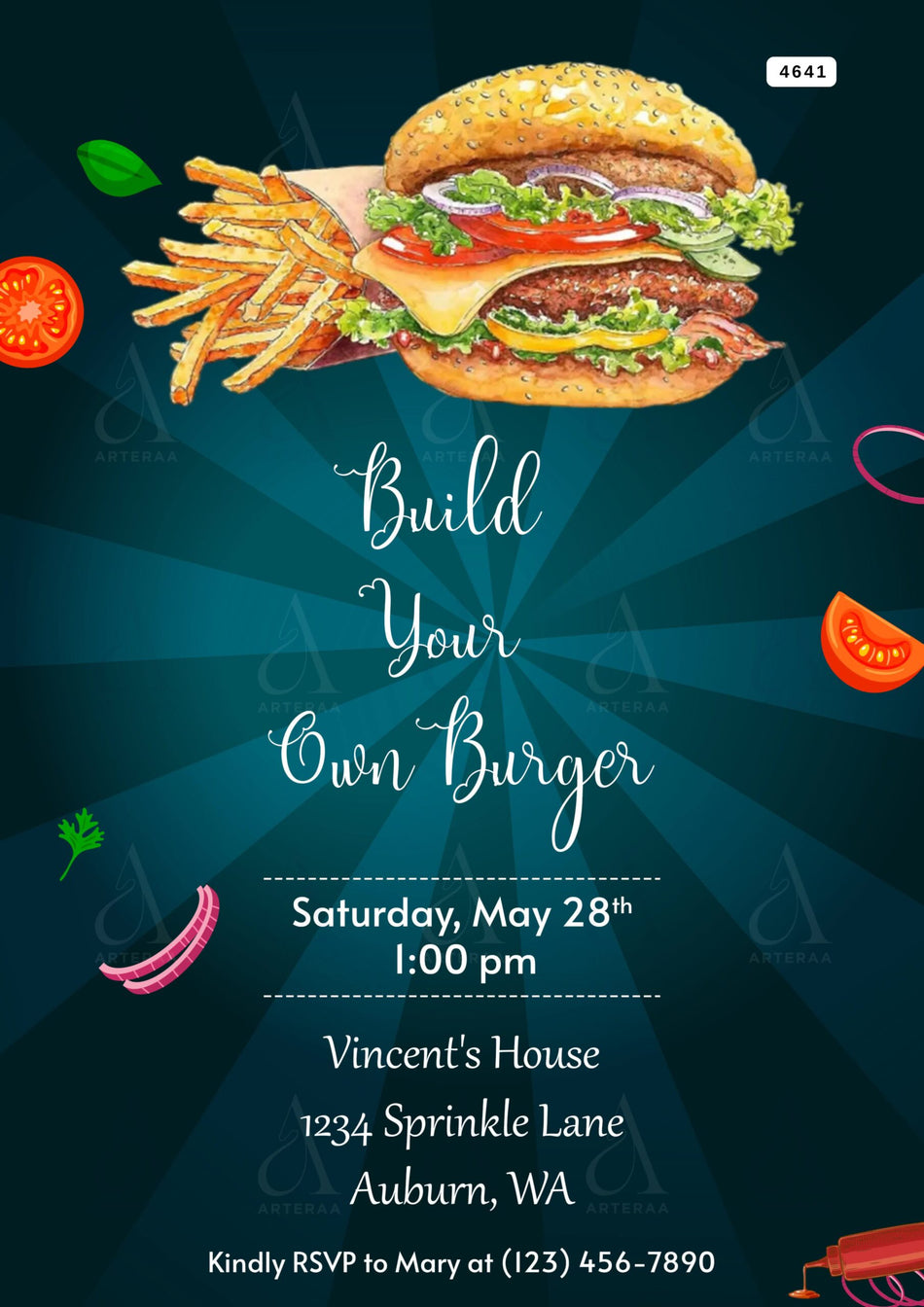 Burgers party invitation Editable Canva Template in english language with foodie theme design 4641