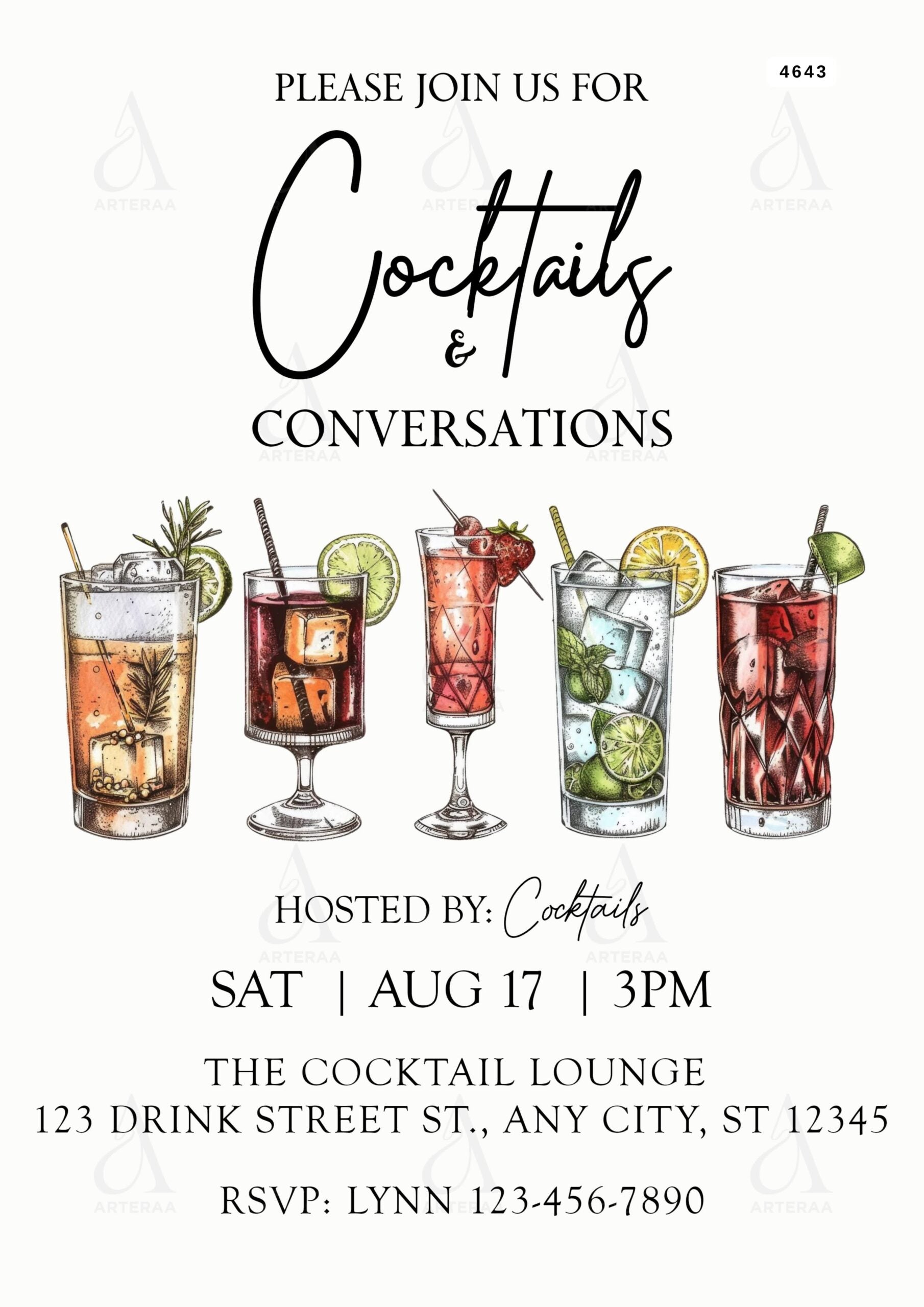 Cocktail Party invitation card Editable CanvaTemplate in english language with minimalistic theme design 4643