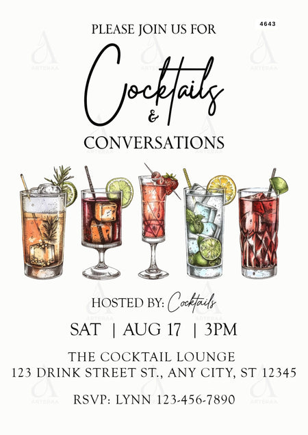 Cocktail Party invitation card Editable CanvaTemplate in english language with minimalistic theme design 4643