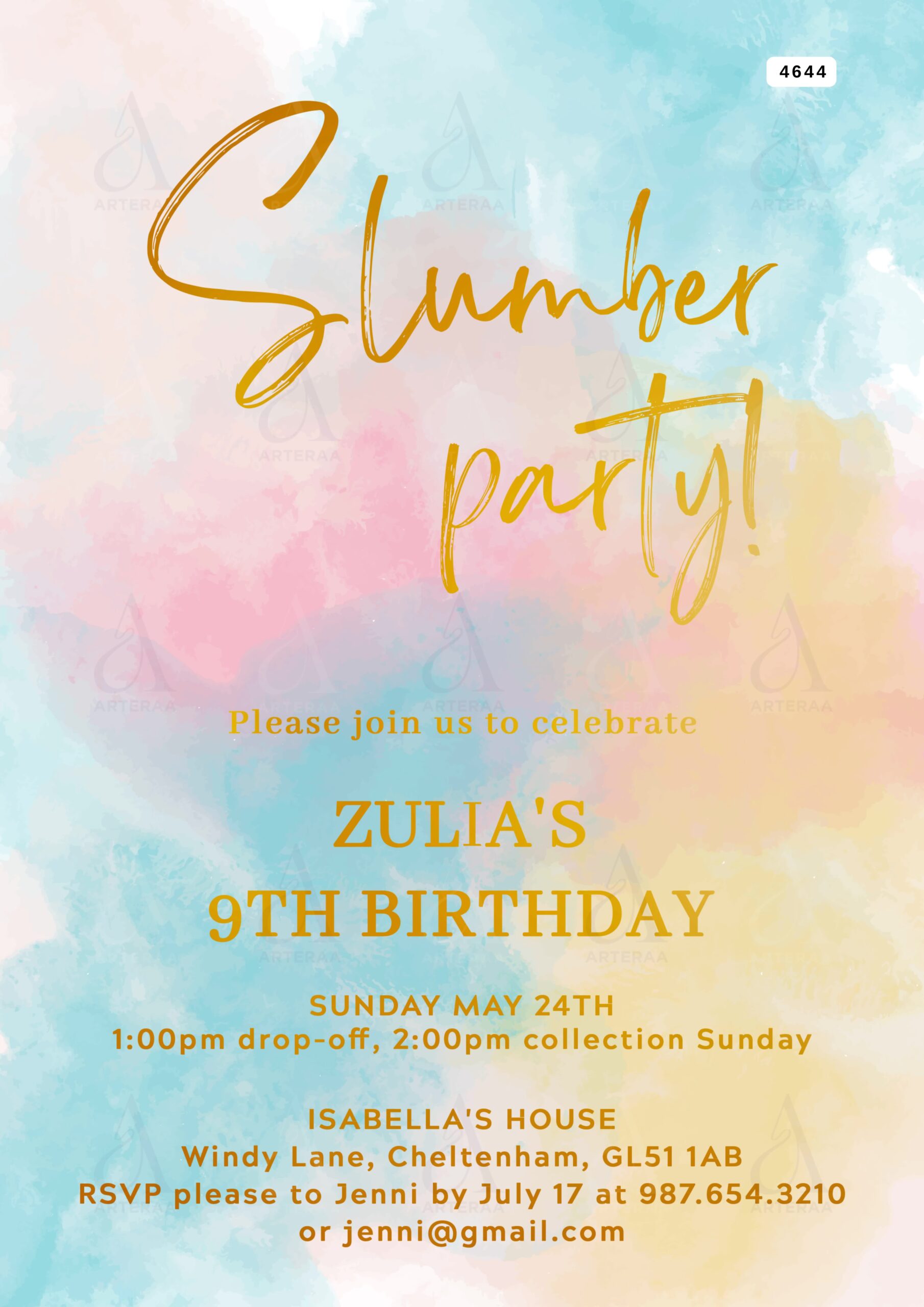 Slumber party invitation Editable Canva Template in english language with colorful theme design 4644