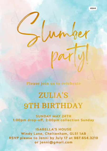 Slumber party invitation Editable Canva Template in english language with colorful theme design 4644